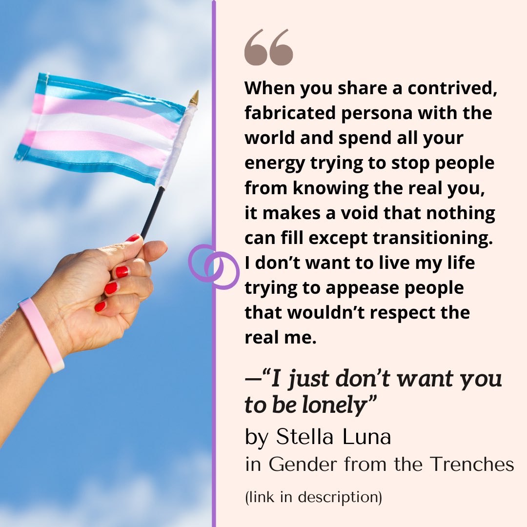 FromGender's tweet photo. “I just don’t want you to be lonely.”

The comorbidity of transness and solitude, by Stella Luna, in Gender from the Trenches

Read more: https://t.co/zla1fFsYuq
#TransRightsAreHumanRights https://t.co/7YSIgtLJFk