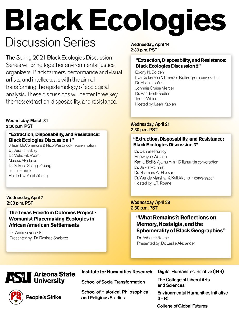 Excited for this upcoming series of discussions beginning March 31 at 5:30 pm EST and extending at the same time for every Wed. through April 28, 2021. We have keynotes by <a href="/FreeBlackTX/">Andrea Roberts, PhD</a> &amp; <a href="/AMReese07/">A</a> as well as a powerful lineup of Black artists, intellectuals, organizers &amp; farmers