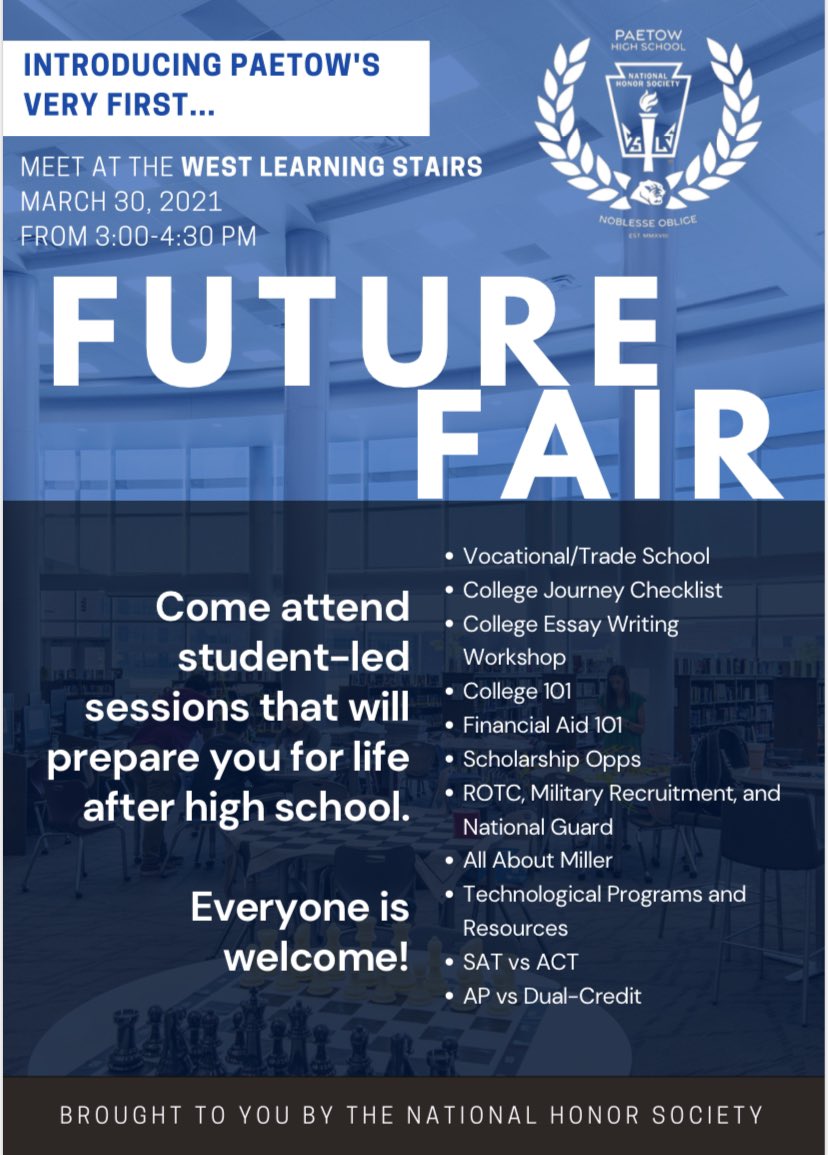 MrNesossi's tweet image. Really excited to see this @PaetowHS @paetowhonors event takeoff next week! Our members, especially our Historian @camisilvatx have worked so hard on this. This FOR students BY students. Noblesse Oblige! @PaetowCounselor @PaetowLibrary @katyisd @nhs_njhs