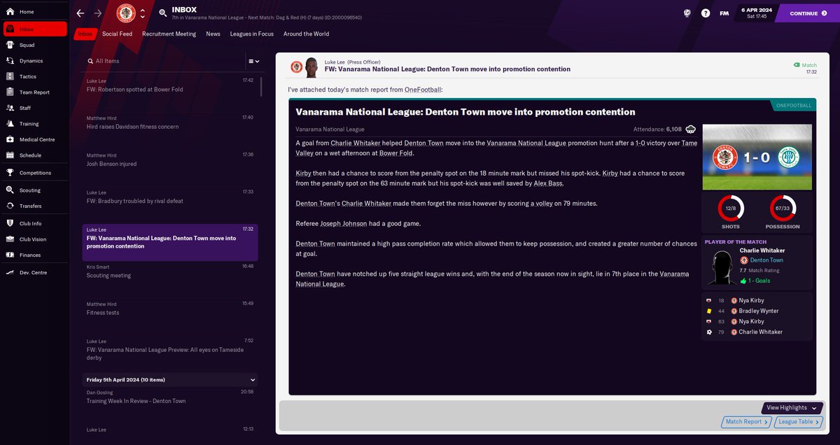 tamevalleyfc's tweet photo. As @dentontown_fc on my 5th ever match against Tame Valley, I managed to get my first win against them and move into the Vanarama National League playoff spots for the first time since matchday 4. #FM21 https://t.co/LtAcCg54t6