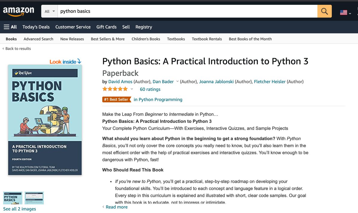 realpython's tweet photo. 🤯  The "Python Basics" paperback is now a #1 best seller in the #Python category on Amazon. It's also hit the #1 spot under "Programming Languages". If you got a copy -- thank you!! https://t.co/o17nJAJJwr https://t.co/2KxUbcygXf