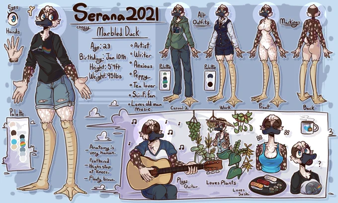 2021 Serana ref sheet.

Hope to get her as a VRChat avatar one day. :)

#fursona #duck #ducksona #sona #referencesheet #refsheet 