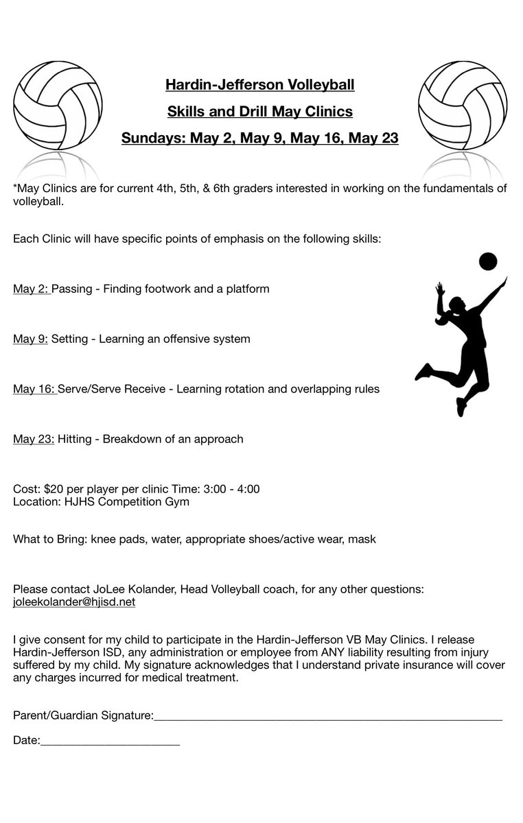 So excited about this! Calling ALL 4th, 5th, and 6th grade girls, come out and join us for some fun volleyball skills and drills. 🏐🏐🏐