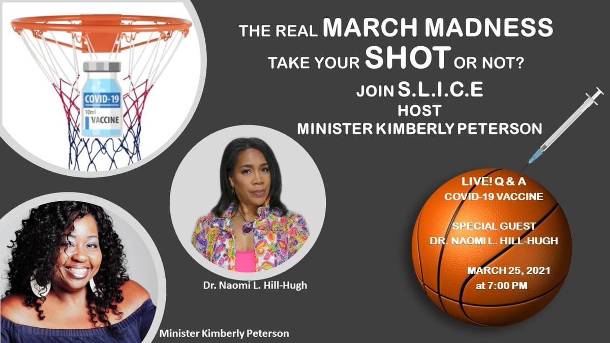 feliciaakelly's tweet photo. March Madness is CRAZY!!!! THE REAL MARCH MADNESS!!!!  Come join us get information to make an informed decision with our ASK DR. NAOMI session!!!! Dr. Naomi L. Hill-Hugh will join us on 3/25/21 @7pm to answer our questions about the coronavirus vaccines.
https://t.co/GxDrS2qdMr https://t.co/oXr4LgGVUI