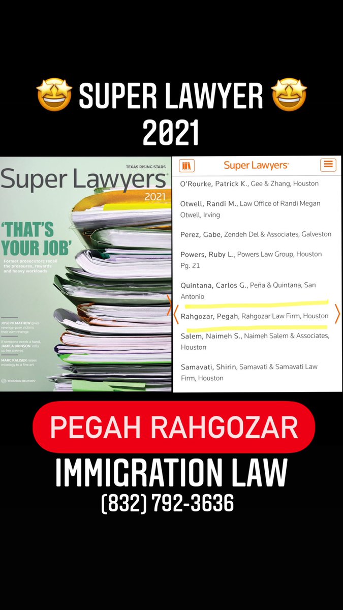 Rahgozarlaw's tweet photo. I’m excited to announce I’ve been listed on Thomson Reuters' Super Lawyers' Texas Rising Stars list for 2021. Less than 2.5% of attorneys in Texas receive this distinction. I’m fortunate to have received it for 3 years. #superlawyer #TexasRisingStar #immigration #rahgozarlaw https://t.co/MkSlW1N58o