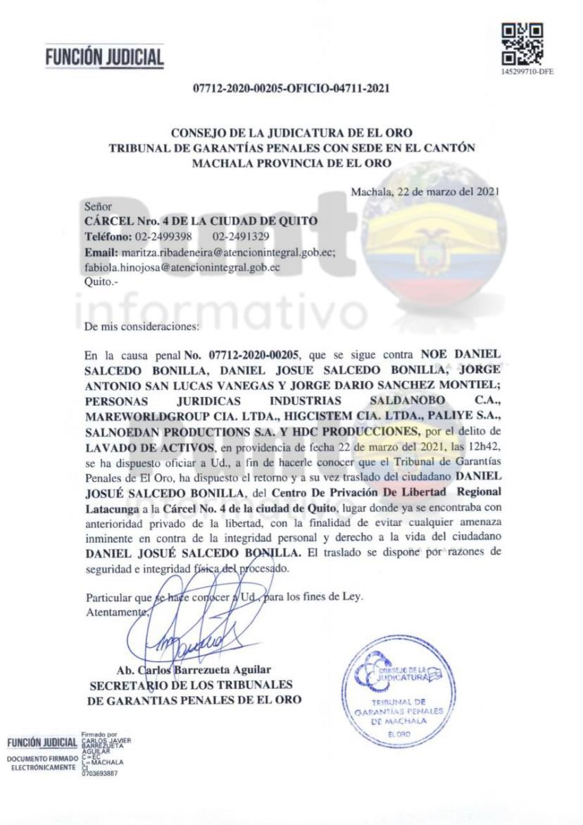 gustavomerino's tweet photo. Se dispone el retorno a la carcel 4 de Daniel Salcedo, la decisión la adoptó el Tribunal de Garantias Penales de El Oro. El oficio fue remitido a las autoridades del @SNAI_Ec Según este Tribunal el traslado es por temas de seguridad @MrVertigo7 @MinGobiernoEc @ronaldcordova https://t.co/vDz3tw5xkw