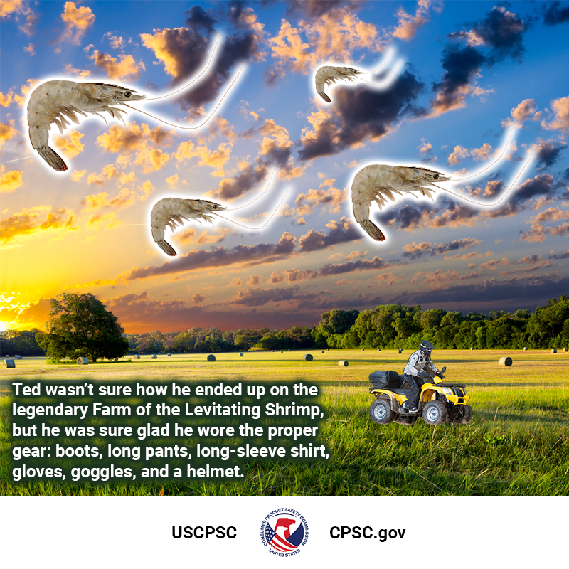 Shrimp floating above a farm as a sun sets in the background. A guy named Ted rides safely under them on an ATV. The text reads: Ted wasn’t sure how he ended up on the legendary Farm of the Levitating Shrimp, but he was sure glad he wore the proper gear: boots, pants, long-sleeve shirt, gloves, goggles, and a helmet.