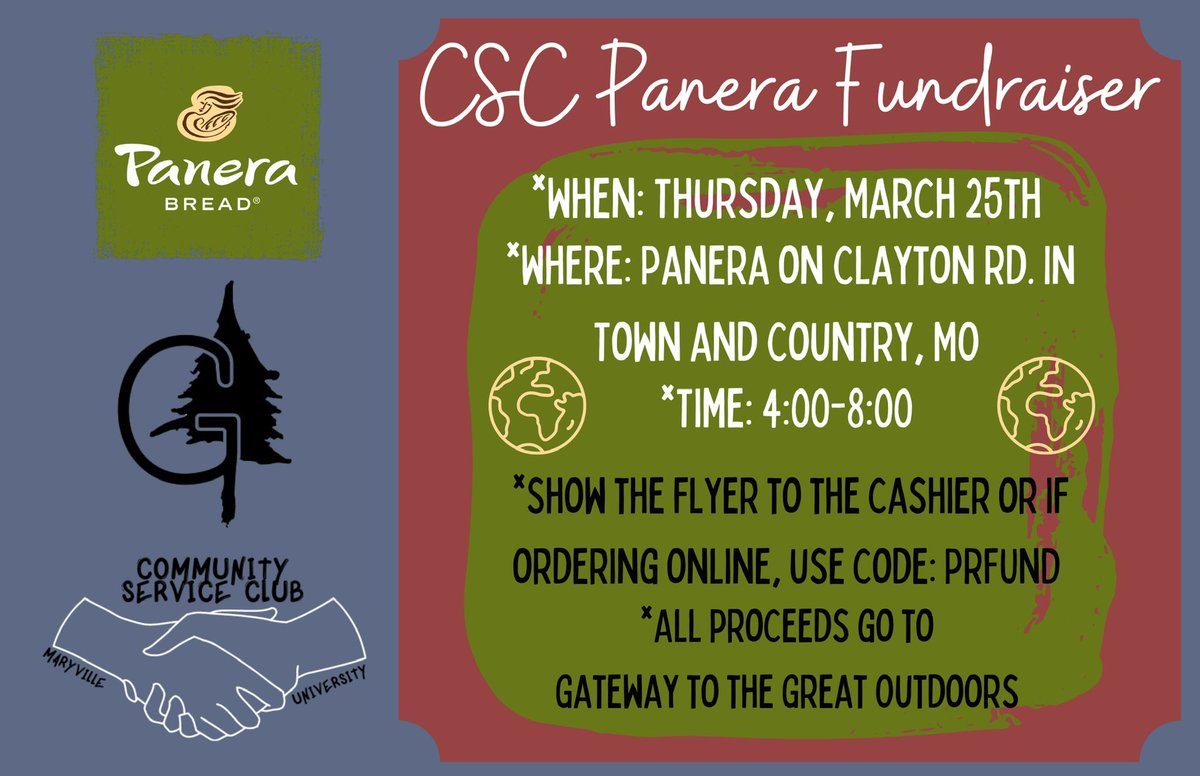 Hope y’all are wanting Panera on Thursday because CSC has a fundraiser! Go to the Panera on Clayton Rd, order food by showing the flyer (on our Insta @communityserviceclub_mu) to the cashier or if ordering online use code PRFUND at checkout.