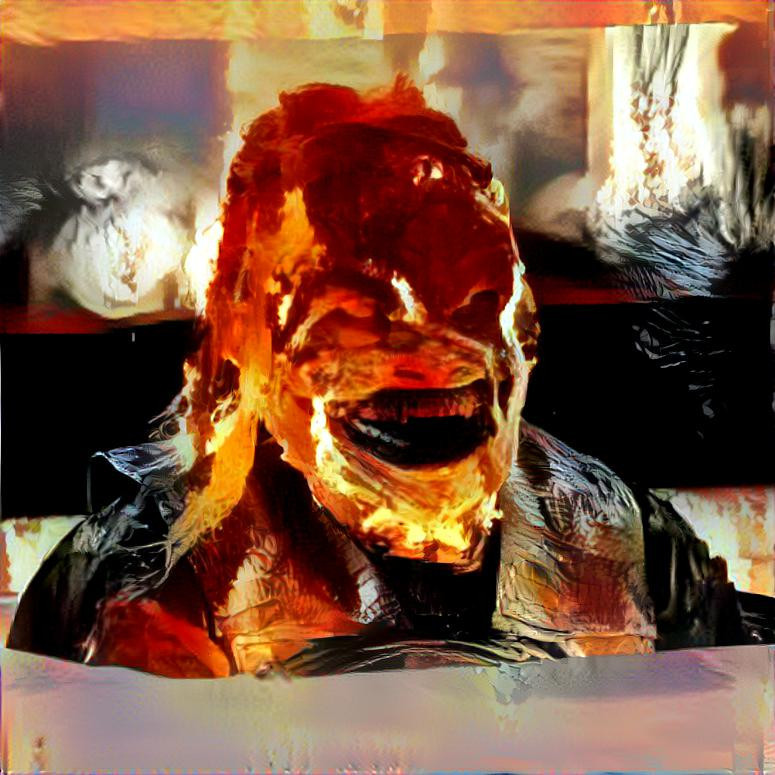 LordArenok's tweet photo. Hey @WWEBrayWyatt, thought "What the hell?" and wanted to share with ya, boss.  One was made pre-turn, the other post-return - all made with Deep Dream Generator.   I hope you enjoy - and give Randy hell come Wrestlemania.  ;)   #aiart #TheFiend #BrayWyatt https://t.co/SYjDnum1bM