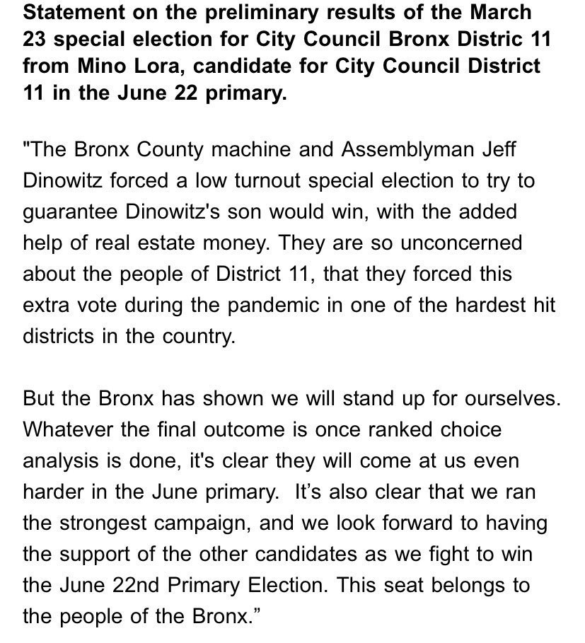 Hell Yeah! #MinoForTheBronx

She could still win tonight, and even if she doesn’t @MinoLora and her team have done an amazing job and in a crowded field have over 25% of the votes in the first round! (2nd place)

If we have faith we can win this!