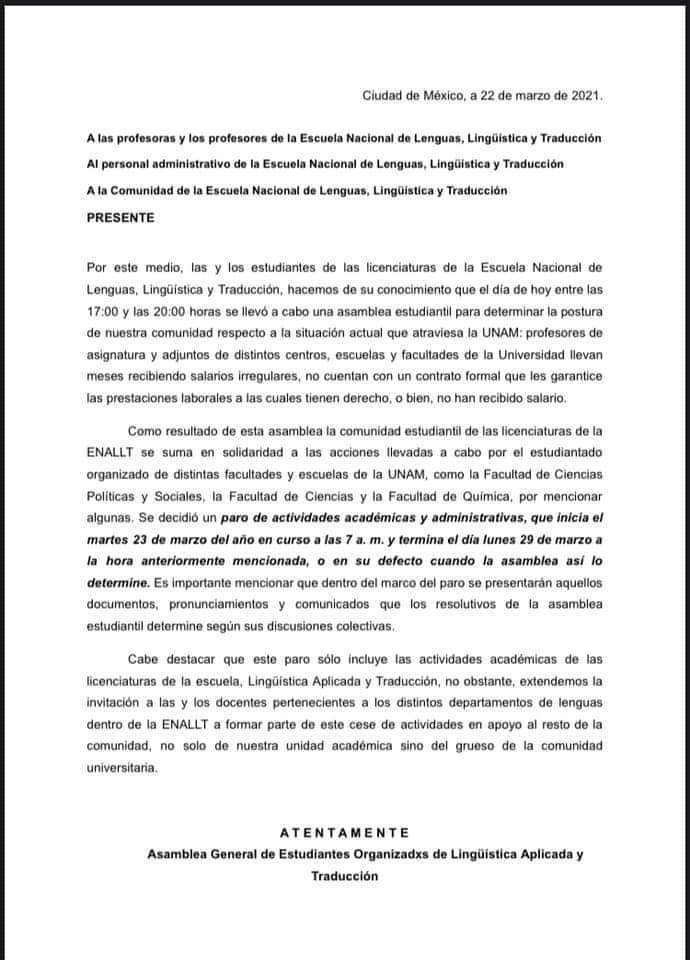 RoxandraUM's tweet photo. Ayer la comunidad de estudiantes de Lingüística y Traducción de la @ENALLTUNAM decidió solidarizarse y unirse al paro.
#ENALLTUNAMNoPaga
#CienciasUNAMNoPaga
#IngenieríaUNAMNoPaga
#PolakasUNAMNoPaga #UNAMnoPaga 
#UNAMMiente
#UNAMpagaYA
#UNAMsísedetiene
#UNAMpagaINCOMPLETO https://t.co/vapKj8I8Z0