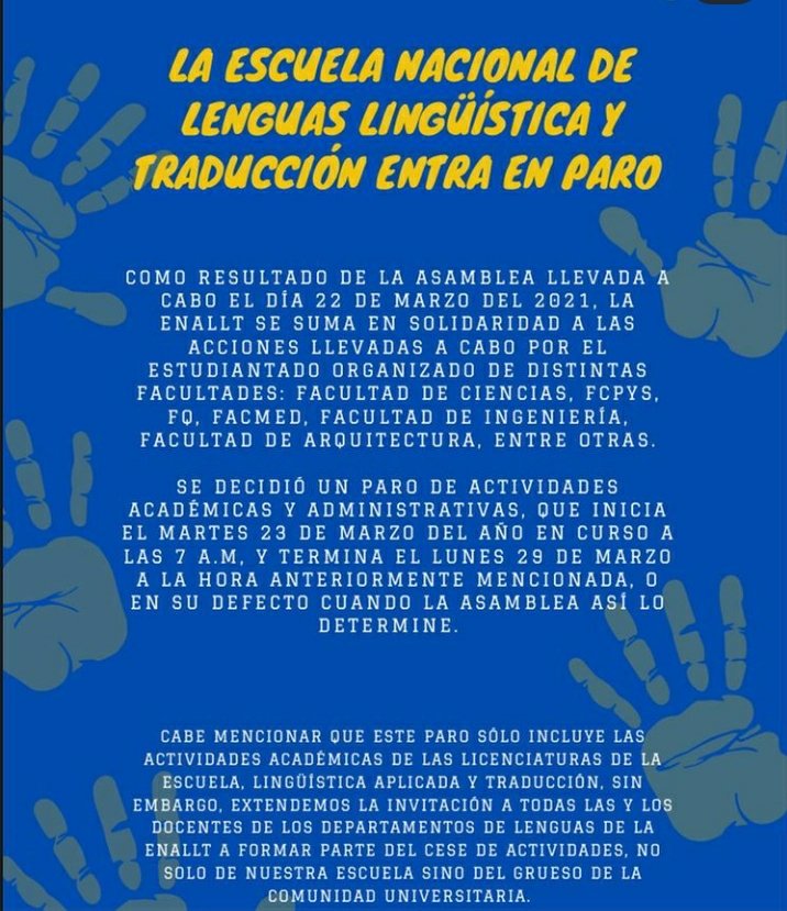 RoxandraUM's tweet photo. Ayer la comunidad de estudiantes de Lingüística y Traducción de la @ENALLTUNAM decidió solidarizarse y unirse al paro.
#ENALLTUNAMNoPaga
#CienciasUNAMNoPaga
#IngenieríaUNAMNoPaga
#PolakasUNAMNoPaga #UNAMnoPaga 
#UNAMMiente
#UNAMpagaYA
#UNAMsísedetiene
#UNAMpagaINCOMPLETO https://t.co/vapKj8I8Z0