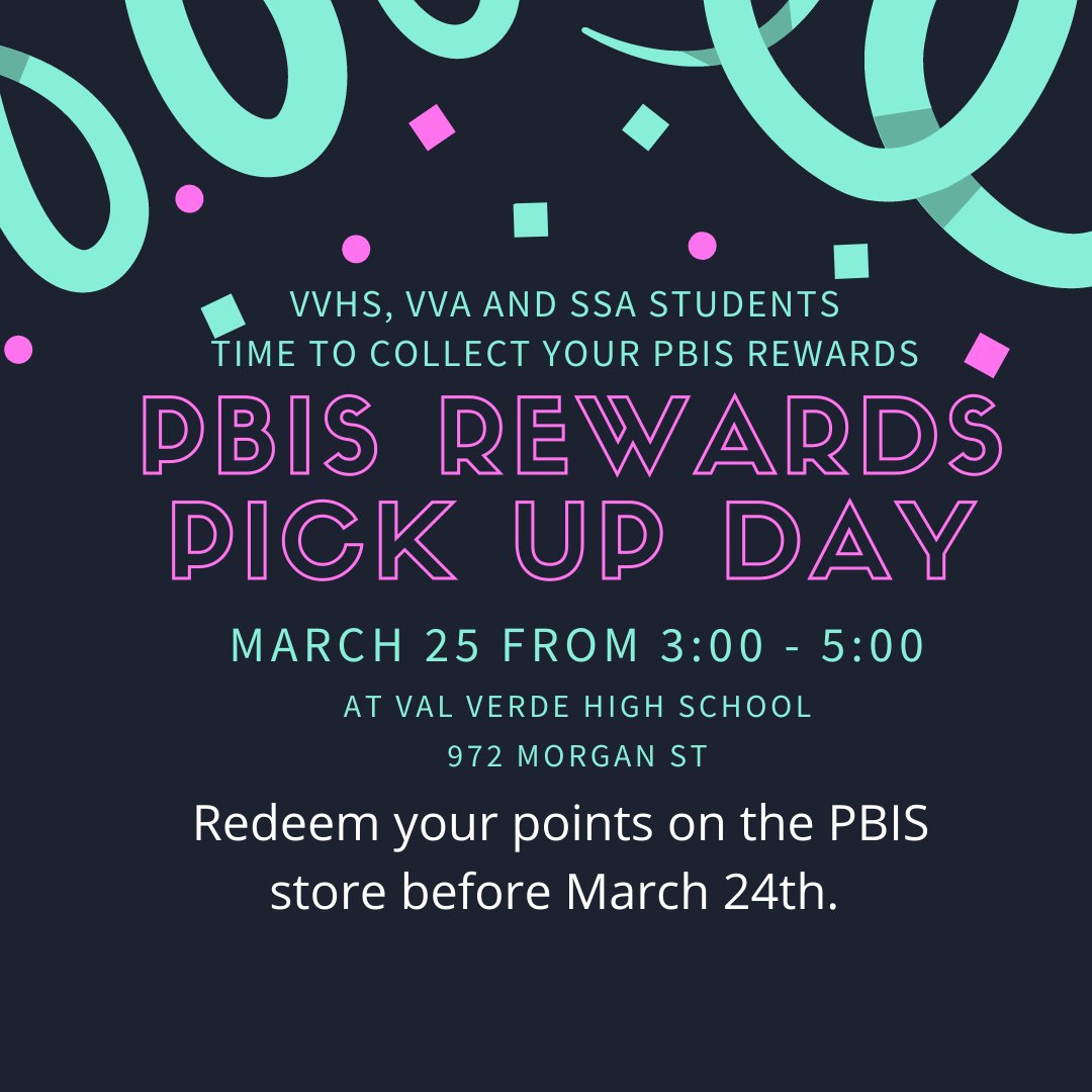 ValVerdeAcademy's tweet photo. Calling all Knights and Centurions!! 📣📣📣 Redeem your PBIS points for school swag! Pick up day is March 25 from 3 - 5 pm. Go to PBIS rewards on Classlink or website to start redeeming.
@vvhs_asb @valverdeacademy @vvhs_asb https://t.co/u2FmG3lObR