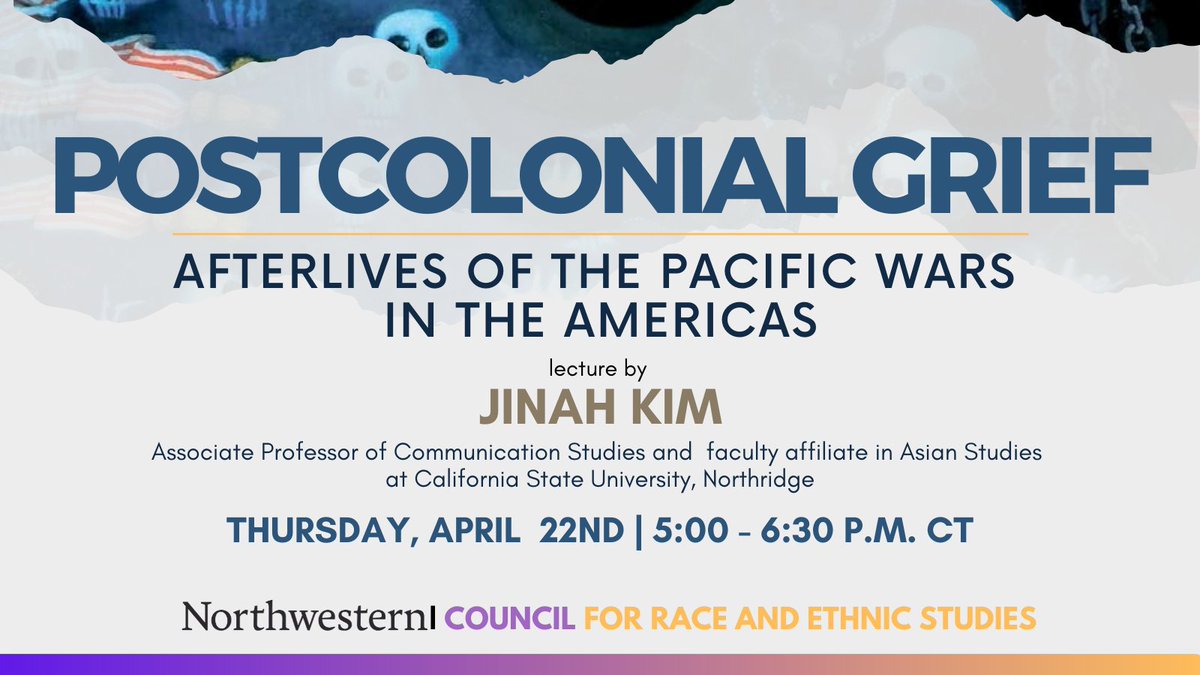 CRESatNU's tweet photo. On April 22 at 5PM CT, Prof. @jinahkimchee will join CRES &amp; @NU_AASP to give a virtual talk drawing from her book "Postcolonial Grief: The Afterlives of the Pacific Wars in the Americas" 

Join us!!!

For more info &amp; to register: https://t.co/aPw3eaOFbz https://t.co/fN2iqnshu2