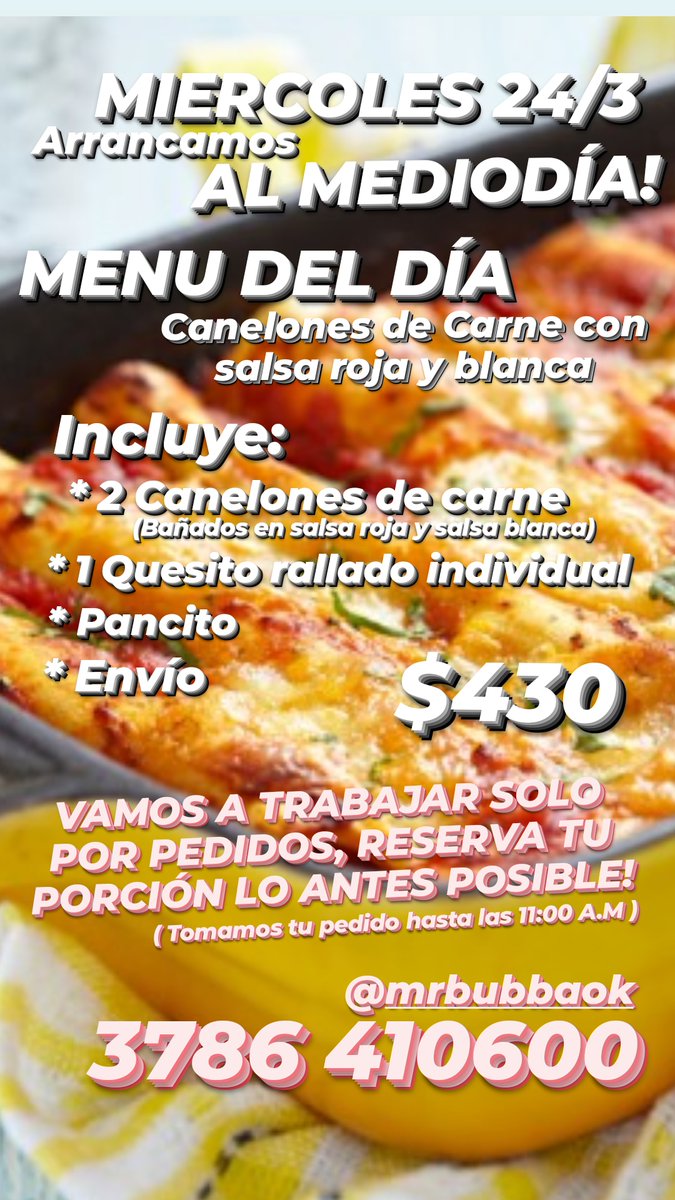 MrBubbaOk's tweet photo. Ahora si ya podes pedir tu menú del día AL MEDIODÍA!

ARRRRRANCAMOS 
CON CANELONES!

RESERVA LOS TUYOS AL
3786 410600 https://t.co/ZWrA9nORp3