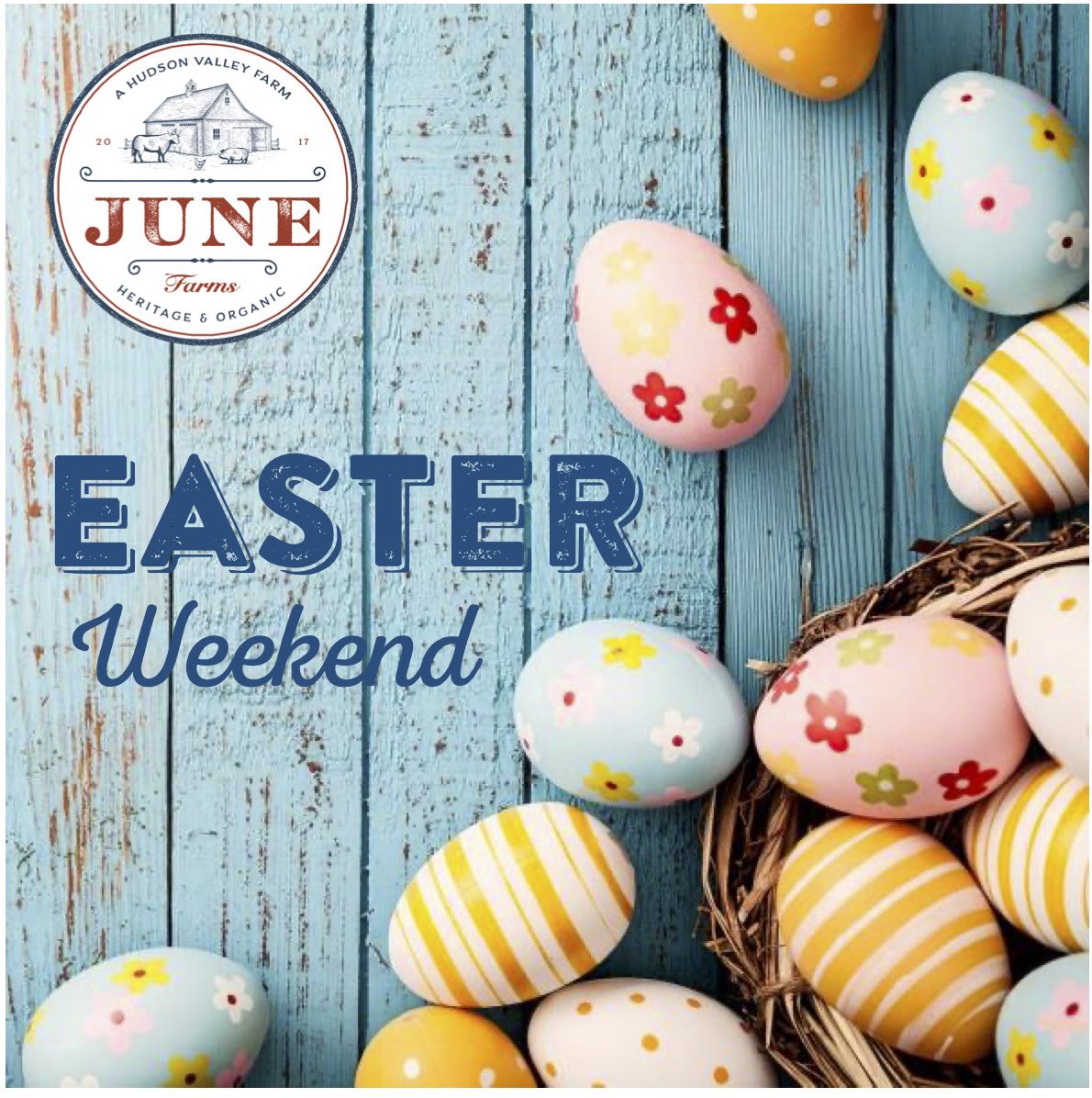 Bring the kids to June Farms this Easter weekend!  We will be open Saturday &amp; Sunday, from 11-4!  In addition to all of our cute farm animals, the Easter Bunny herself/himself will be on the farm to take photos with all the kids 🐰!