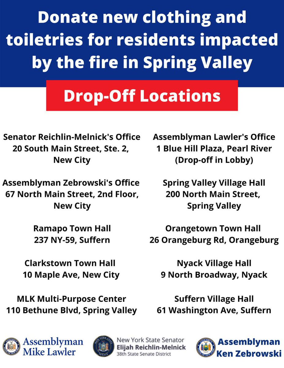 WRCR1700's tweet photo. Donations requested for those displaced by the Spring Valley Fire at Evergreen earlier this morning. @senatorERM @kenzebrowski_ny @lawler4ny #SpringValley #Nyack #Orangetown #Clarkstown #Ramapo #Suffern #MLKCenter https://t.co/OOwwGSTouJ