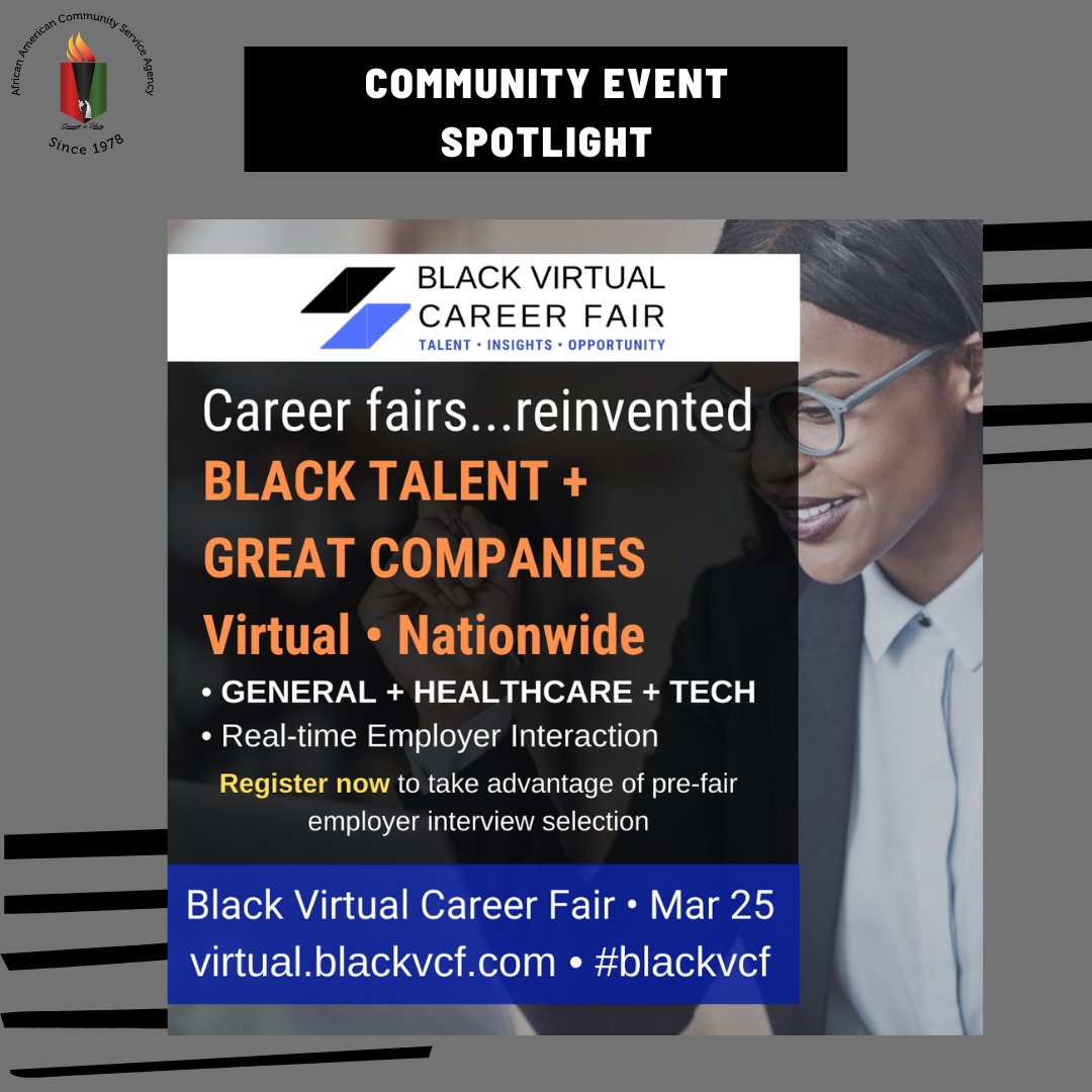 SJAACSA's tweet photo. Community Event Spotlight: There will be a Black Virtual Career Fair with 27 employers from general, tech, and healthcare industries on Thursday, March 25 at 9am-1pm!
Register: https://t.co/s7WY2mvU8J
#blackvcf #diversityintech #employment #blacktalent #diversity #jobs https://t.co/ymEFH75d5m