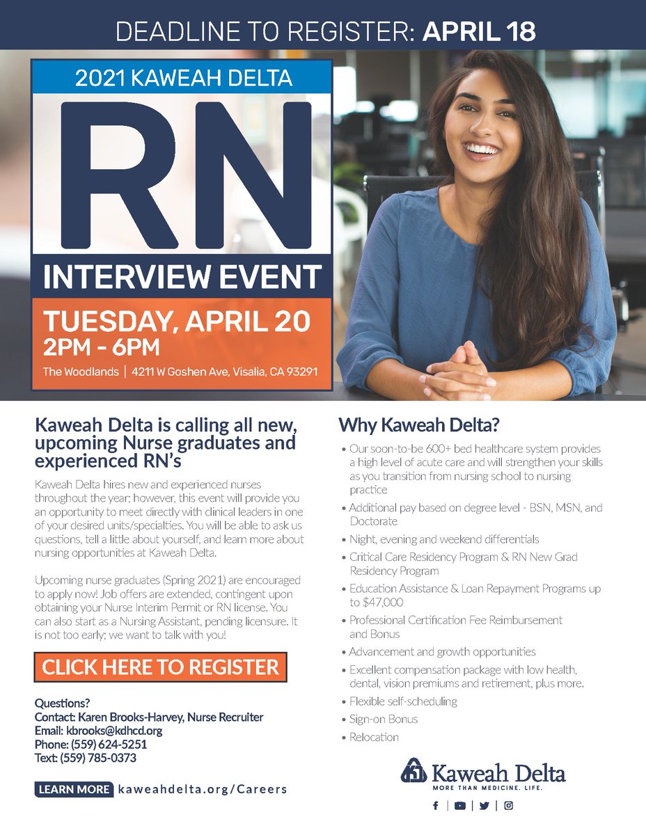 kaweahhealth's tweet image. #KaweahDelta is calling all new, upcoming Nurse graduates and experienced RN's. Upcoming nurse graduates (Spring 2021) are encouraged to apply now. Visit kaweahdelta.org/RN for more information.

Deadline to Register: Tuesday, April 20, 2021

#TulareCounty #Visalia #Tulare