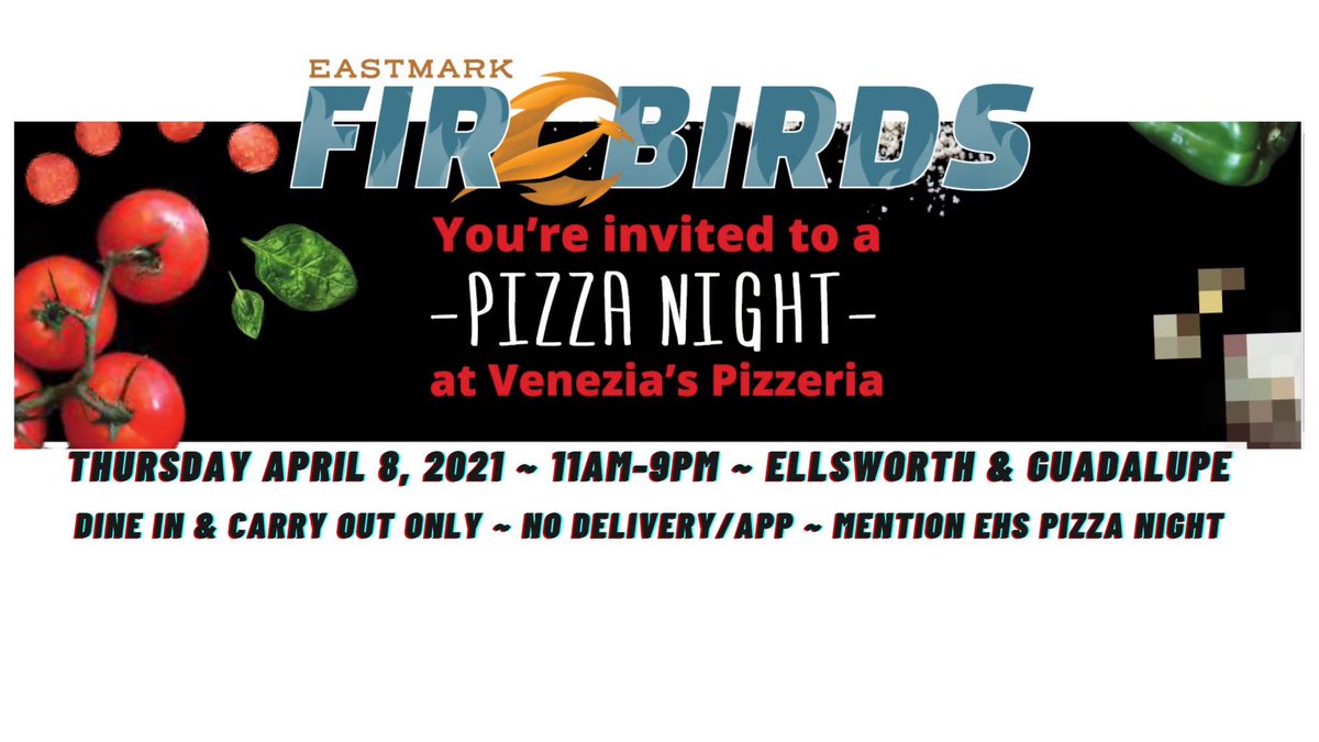EastmarkHighPTO's tweet photo. Join us at Venezia’s Thursday April 8, 2021 ~ 11AM-9PM ~ Ellsworth &amp; Guadalupe for Eastmark High School Pizza Night!! Dine-In &amp; Carry Out only ~ no delivery/APP ~ mention EHS Pizza night @eastmarkhs https://t.co/jAEhDwcy8s