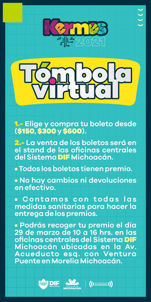 DIF_Michoacan's tweet photo. Este miércoles 24 de marzo arranca la venta de boletos en las oficinas de la Delegación Administrativa del Sistema DIF Michoacán, ubicadas en Av. Acueducto esquina con Ventura Puente, en horario de 10:00 am a 5:00 pm. 
#MichoacánSeEscucha https://t.co/11cutoJj8k