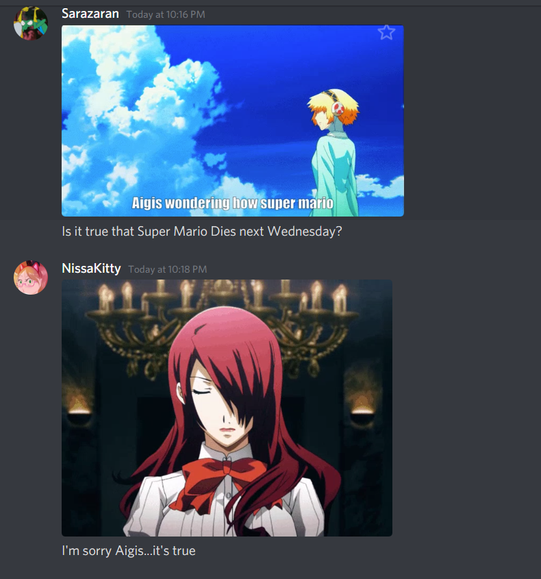 lilcatgirlkairi's tweet photo. In case you were wondering what @sarazarann and I DM about or think we're cool we're roleplaying Mitsuru and Aigis talking about Super Mario's impending execution using discord gif finder so,,,no we're not cool 😔😔😔#Persona3 #P3 https://t.co/nsGgQQ4BhM