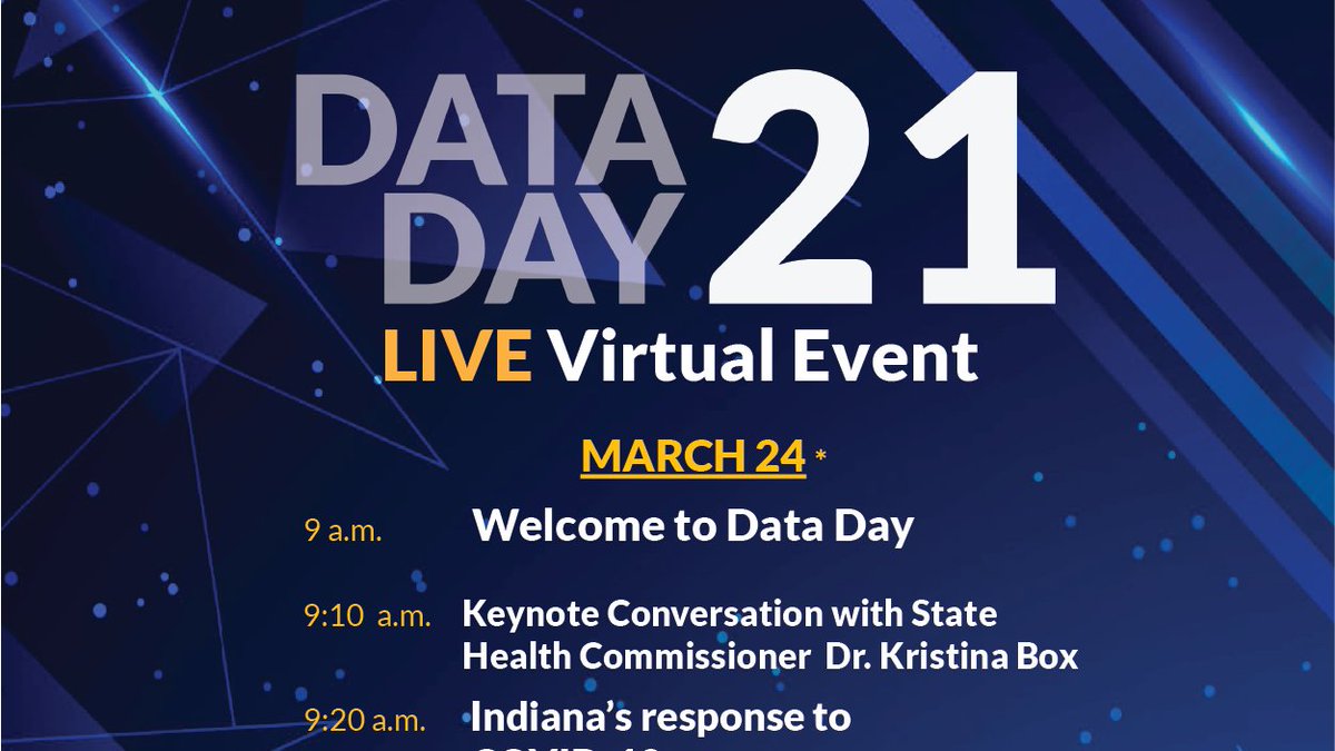 First up <a href="/INDataJMartin/">Josh Martin</a> + a special guest welcome you to #MPHDataDay2021. Then you'll hear from <a href="/StateHealthIN/">Indiana Department of Health</a> Commissioner Dr. Kristina Box in a conversation w/ <a href="/NorwoodPhD/">Dr. Connor W Norwood</a> about the Indiana’s response to the #COVID19 pandemic.

Live Stream: on.in.gov/DataDay1
Schedule ⬇️