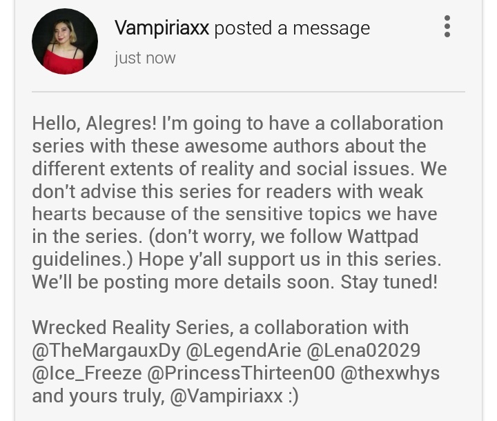 riathebeloved's tweet photo. Heads up! We're going to have one of a kind collaboration about different extents of reality and social issues. Stay tuned for more details.

Wrecked Reality Series, a collaboration series with @TheMargauxDy @thewhyswp @Glysuba @BuncarasElena @jouliyse @Ice_FreezeWp https://t.co/mMUWFGSKUa