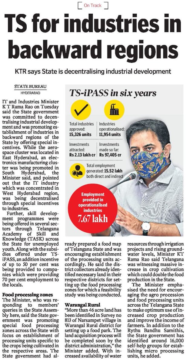 Telangana govt is committed to decentralise industrial development and is promoting establishment of industries in backward regions of the State by offering special incentives: IT &amp; Industries Minister @KTRTRS telanganatoday.com/ts-govt-promot…