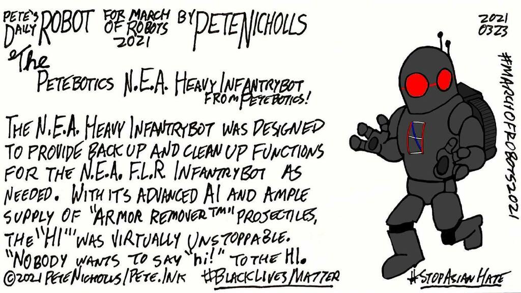petenicholls_'s tweet photo. The #Petebotics #HeavyInfantrybot in today’s #PetesDailyRobot! #DailyRobot #RobotDrawing #iamdrawing #robots #webcomic #webcomics #MarchOfRobots #MarchOfRobots2021 #CreateWithXenceLabs https://t.co/06Qzd8JuTi