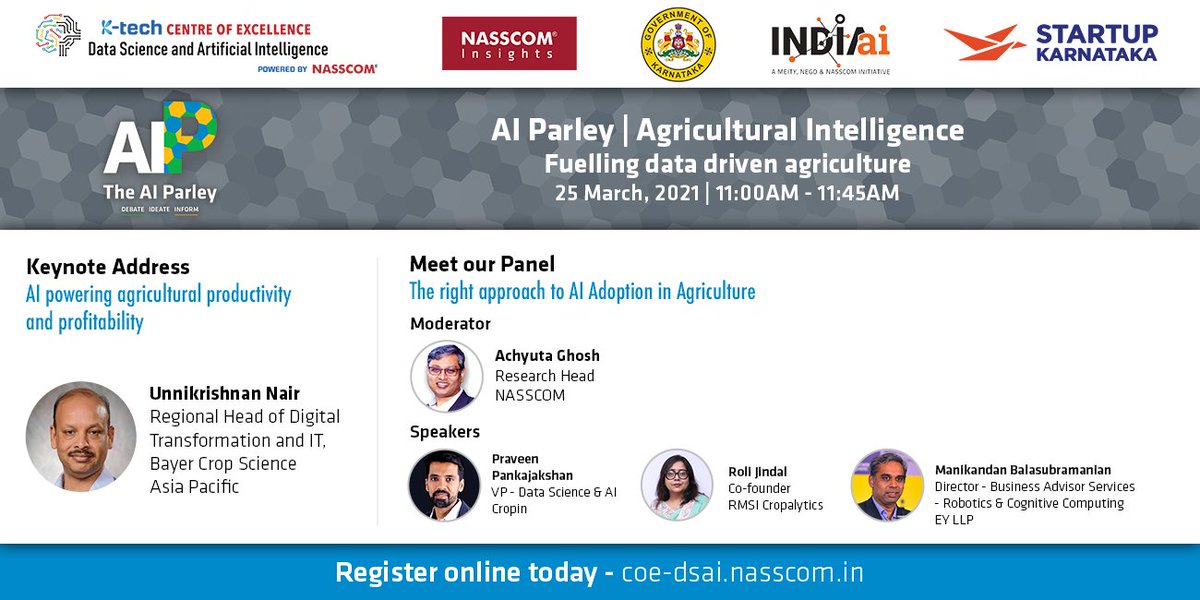 ktech_DSAI's tweet photo. Another 1 day to go to meet our distinguished panel of speakers from the #agritech Industry at this edition of AI Parley.
Join us for the unveiling of the @NASSCOM #AI playbook on #agriculture and to gain insights to this report.
#registernow - https://t.co/vEPeS6YBZa https://t.co/61isnc0b3G