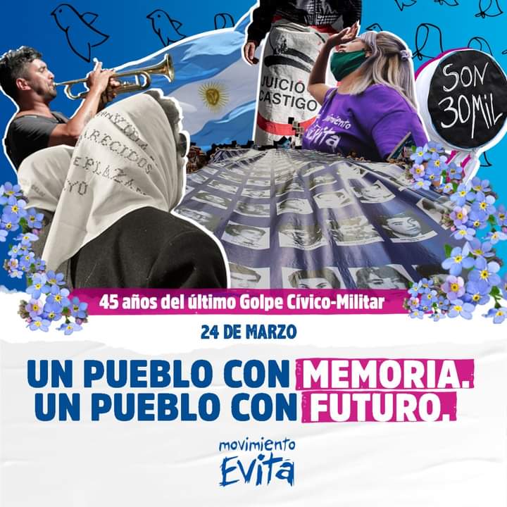 evita_junin's tweet photo. A 45 años de la última Dictadura cívico-militar recordamos a los 30 mil compañeros y compañeras detenidos desaparecidos que lucharon y soñaron por una Patria libre, justa y soberana.

Un pueblo con memoria es un pueblo con futuro. 

#24deMarzo #DíaDeLaMemoria https://t.co/EFZUIU9SGd