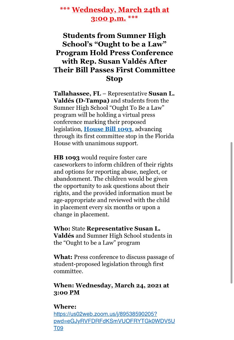 TheGradSarah's tweet photo. Hillsborough student’s voices have been heard in The Florida House of Representatives🎒📝Join Rep @SusanLValdes and Sumner High School students for a zoom press conference Wednesday. #flapol #FutureLegislators https://t.co/cENv2fGrVn