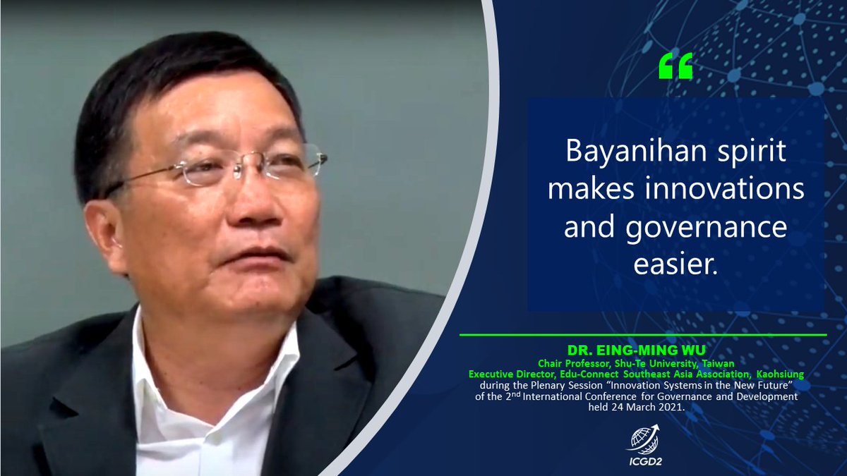 uplbcpaf's tweet image. Dr. Eing Ming Wu, Chair Professor of the Shu-Te University and Executive Director of Edu-Connect SEA Association, on hope in crisis: 

“Bayanihan spirit makes innovations and governance easier.”

#ICGD2
#NewFuture
#Governance
#Communities
#PostPandemic
#InnovatingGovernance