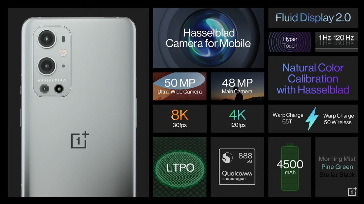 IshanWankhade's tweet image. #OnePlus9Pro Launched ✅
6.7&quot; QHD+ 120Hz LTPO Display
#Snapdragon888
48+50+8+2MP Rear
16MP Front
4500mAh battery
65W (wired)+ 50W (wireless)
In-display F-S
#OxygenOS11
Dual Speakers
UFS 3.1
NFC
8.7mm thick
197g weight

8GB+128GB - Rs.64,999
12GB+256GB - Rs.69,999