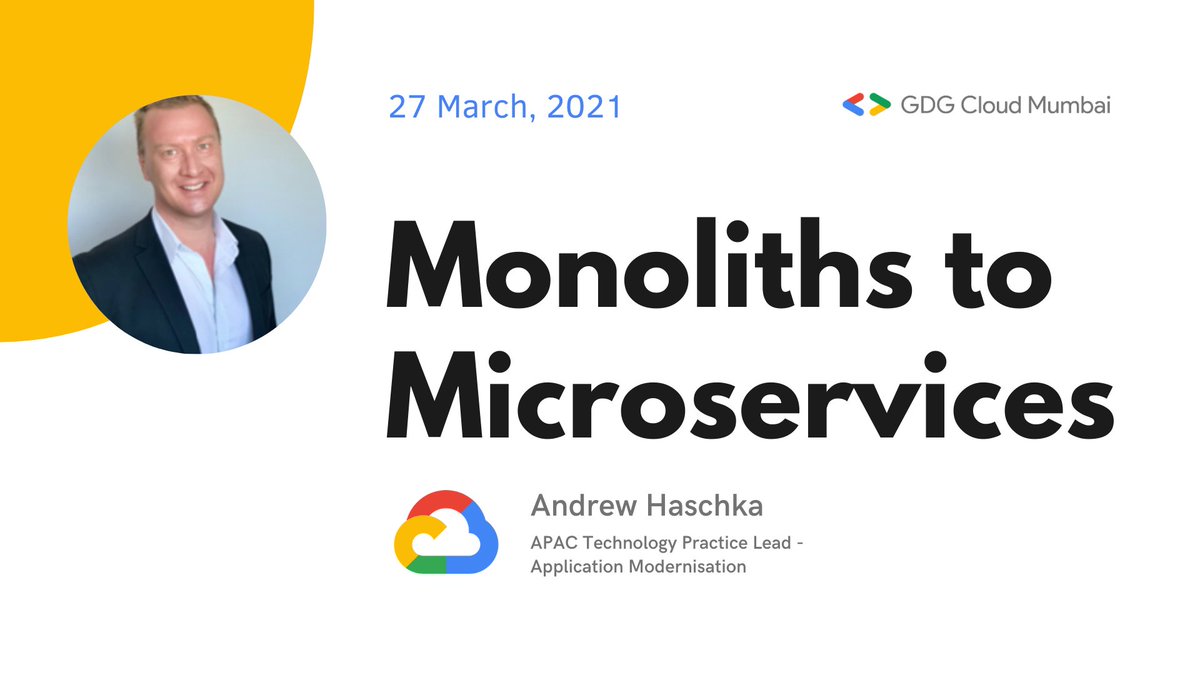 GDGCloudMumbai's tweet photo. Modernise your applications with @andrewhaschka, APAC Technology Practice Lead for Application Modernization at @Google.  

Join him this Saturday to migrate your monoliths apps to microservices! ☁️

RSVP: https://t.co/YmJTnwzGIb https://t.co/7zwTANdcsX