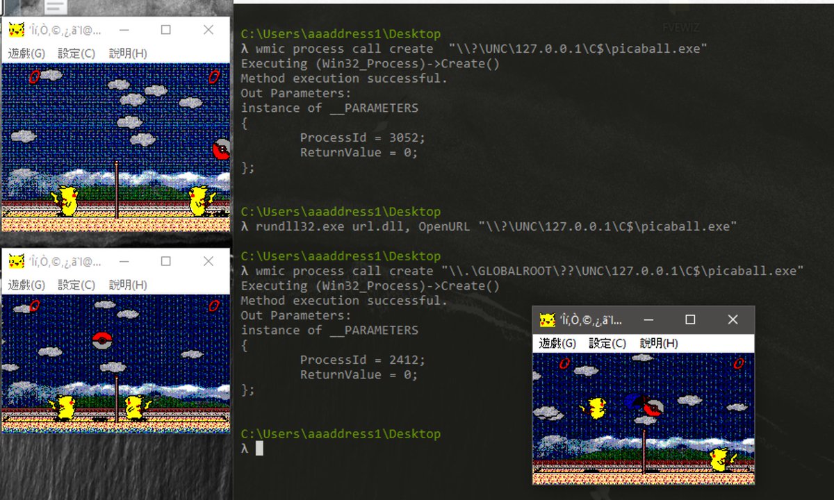 aaaddress1's tweet image. wmic process call create  "\\?\UNC\127.0.0.1\C$\windows\system32\calc.exe"

rundll32.exe url.dll, OpenURL "\\?\UNC\127.0.0.1\C$\windows\system32\calc.exe"

wmic process call create "\\.\GLOBALROOT\??\UNC\127.0.0.1\C$\windows\system32\calc.exe"