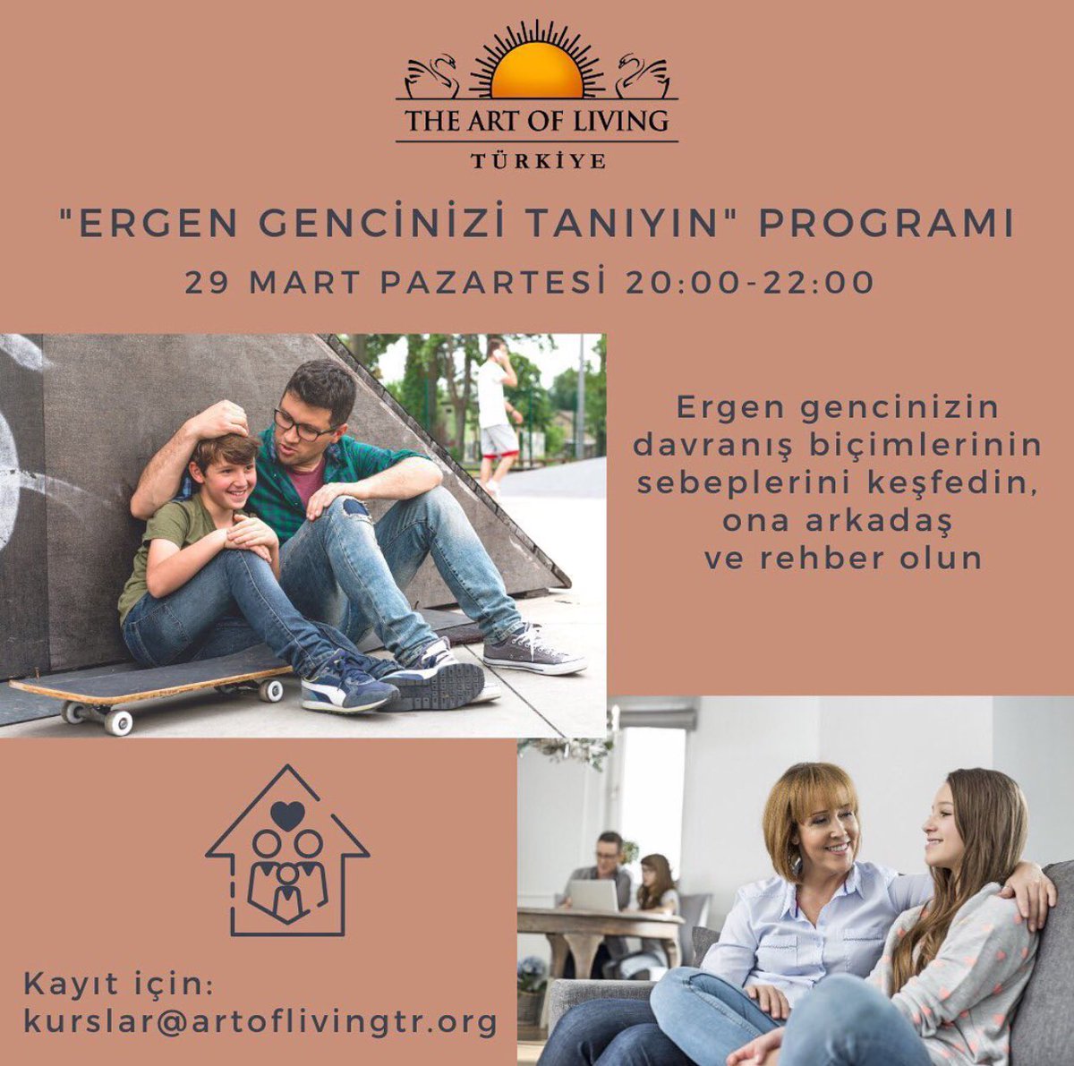 Ergeninizi Gencinizi Tanıyın/Know Your Teen 

Bu Program, ebeveynlerin gençlerini daha iyi anlamalarına ve davranış kalıplarının temel nedenini keşfetmelerine yardımcı olur.

29 Mart Pazartesi 20:00-22:00

Mekan: Kendi eviniz

İletişim:
kurslar@artoflivingtr.org

#eğitim #cocuk