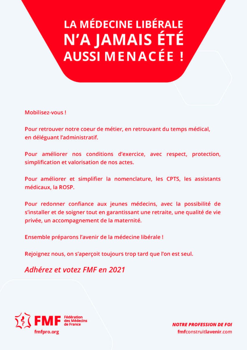 FMFofficiel's tweet photo. #URPS2021  - Dernière ligne droite !

La #MédecineLibérale n'a jamais été aussi menacée et votre vote jamais autant essentiel que cette année. 

Du 31 mars au 7 avril, pour influer au niveau régional et au national : votez et faites voter FMF !

#FMF2021 #MédecinsLibéraux https://t.co/DrkazB6PTX