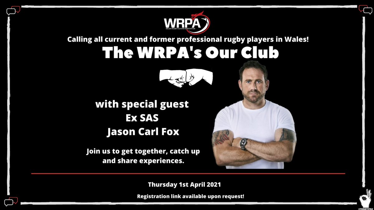 Calling all current and former professional rugby players in Wales! We're kick starting our new WRPA Our Club next week with the amazing Ex SAS <a href="/jason_carl_fox/">Jason Fox</a> - a chance to reconnect and share stories! 

Get in touch for more info....

#WRPAOurClub #events #reconnect