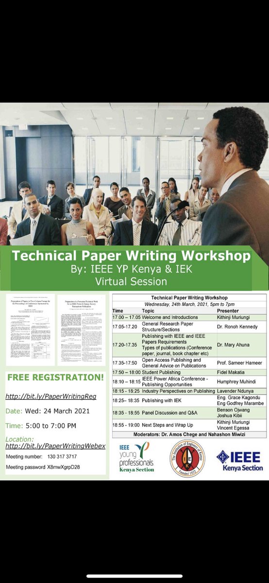 "This is an initiative of IEEE YP Kenya and IEK to give a platform to existing authors to share the necessary tools required for authors to publish their work in conferences, journals, books and even open source publishing. <a href="/IEEEYPKenya/">坤之柠檬茶</a> <a href="/TheIEK/">The Institution of Engineers of Kenya</a>