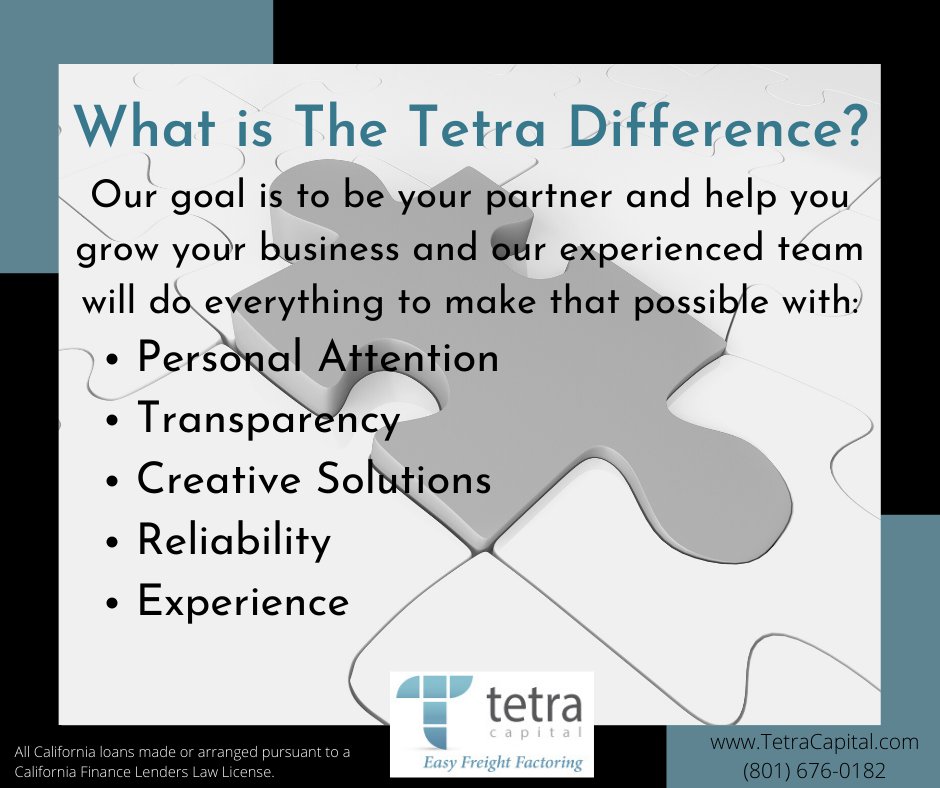 TetraCapital's tweet photo. Put The Tetra Difference to work for your Trucking Company and get the working capital you need to grow your business.

Give us a call today at (801) 676-0182.
#TruckingFactoring #GetFundsFast #Trucking #OwnerOperators https://t.co/L6JYjoleBM