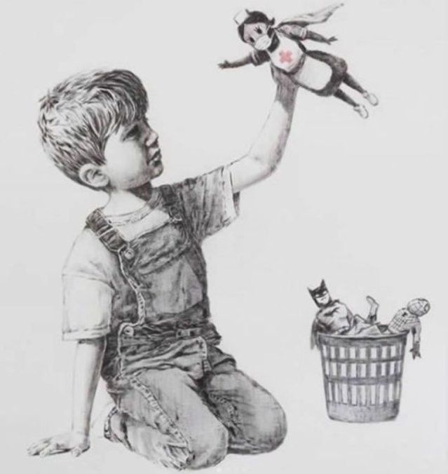 LordMaul5's tweet photo. Banksy vende esta obra suya por 19 millones de euros, y dona la cantidad integra a la sanidad pública. https://t.co/eu2WkVbl5Y