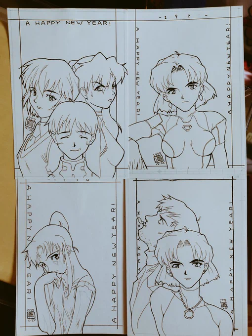 過去絵を漁ってたら1997年に描いたエヴァ絵が出てきました
1998年用の年賀状みたいですね 