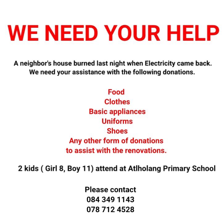 DocAzur's tweet photo. We need your help 🙏🏾. 

If you can 🙏🏽
Please use Aramex / Postnet
To send clothes and use my address

10712 Masedi Street 
Kagiso 2
Ext 6
#countryduty @CountryDutyZA 
@tumisole https://t.co/iRXXcLllHX