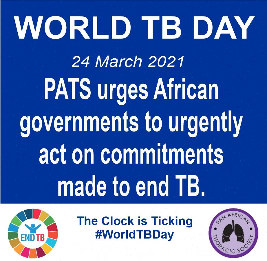 Africa accounted for 25% of global TB cases in 2019 according to <a href="/WHO/">World Health Organization (WHO)</a> Global TB Report. On #WorldTBDay PATS joins <a href="/FIRS_LungsFirst/">FIRS -Forum of International Respiratory Societies</a> in calling for all governments including African governments to act on commitments made to #EndTB.