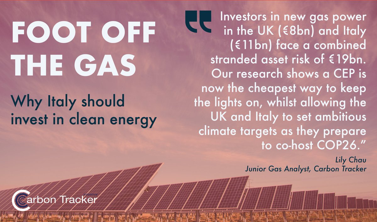 CarbonBubble's tweet image. Carbon Tracker's Lily Chau warned: "Investors in new gas power in UK &amp;amp; Italy face a combined #StrandedAsset risk of €19bn. A CEP is now the cheapest way to keep the lights on, allowing the UK 🇬🇧 &amp;amp; Italy 🇮🇹 to set ambitious climate targets as they prepare to co-host @COP26"
