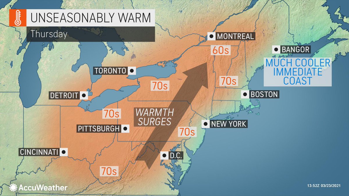 breakingweather's tweet photo. The highest temperatures so far this year are expected to surge into portions of the Northeast on Thursday: https://t.co/L7tjlbvdP6 https://t.co/PdUMmYQK2n