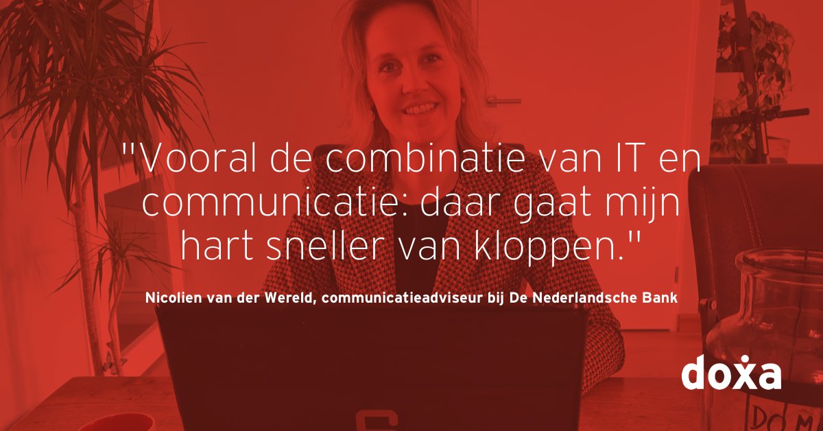 DoxaBV's tweet photo. In de rubriek ‘De mensen van Doxa’ praten we met professionals die werken via Doxa bij diverse opdrachtgevers. Vandaag een interview met Nicolien van der Wereld, Communicatieadviseur bij @DNB_NL . Lees meer: https://t.co/s53Ec729HB  

#demensenvandoxa #communicatieadviseur https://t.co/J5B57zPwVO