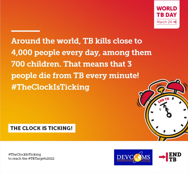 Devcoms's tweet photo. Around the world, TB kills close to 4,000 people every day, among them 700 children. That means that 3 people die from TB every minute! 
.
#TheClockIsTicking⏰  
#TBAlert 
#WorldTuberclosisDay https://t.co/VLOEM5mIp5